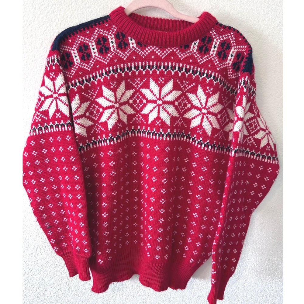 Vintage Nordic L.L. Bean‎ Norwegian Scandi Sweater Cozy Red Snowflake Knit SZ M